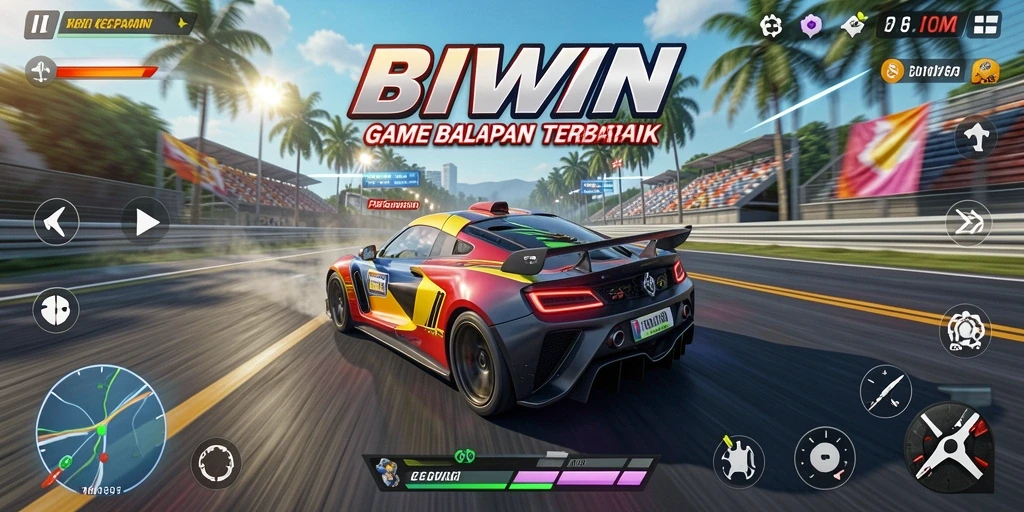 Tampilan gameplay BIWIN dengan balapan yang mendebarkan di lintasan.