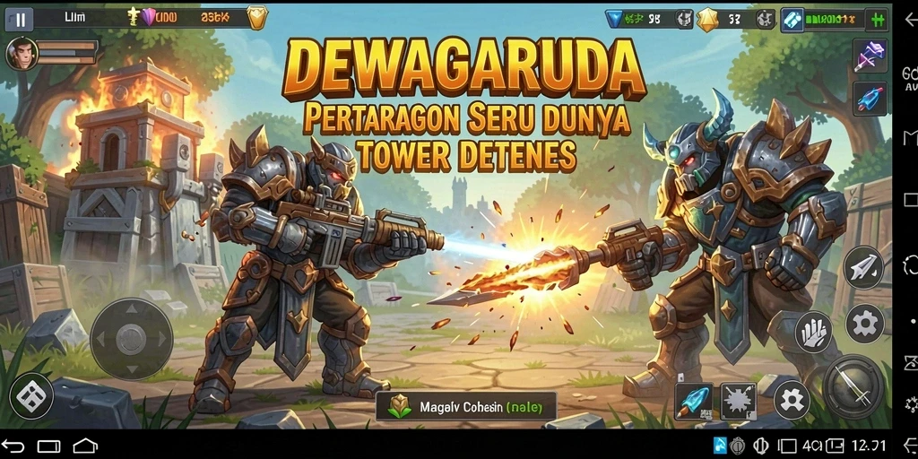 Screenshot gameplay <strong>DEWAGARUDA</strong> menampilkan serangan musuh dan menara pertahanan.