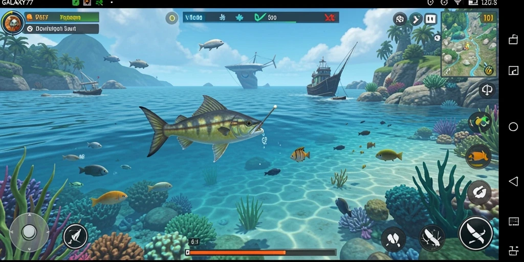 Screenshot menampilkan gameplay memancing yang menakjubkan di GALAXY77.
