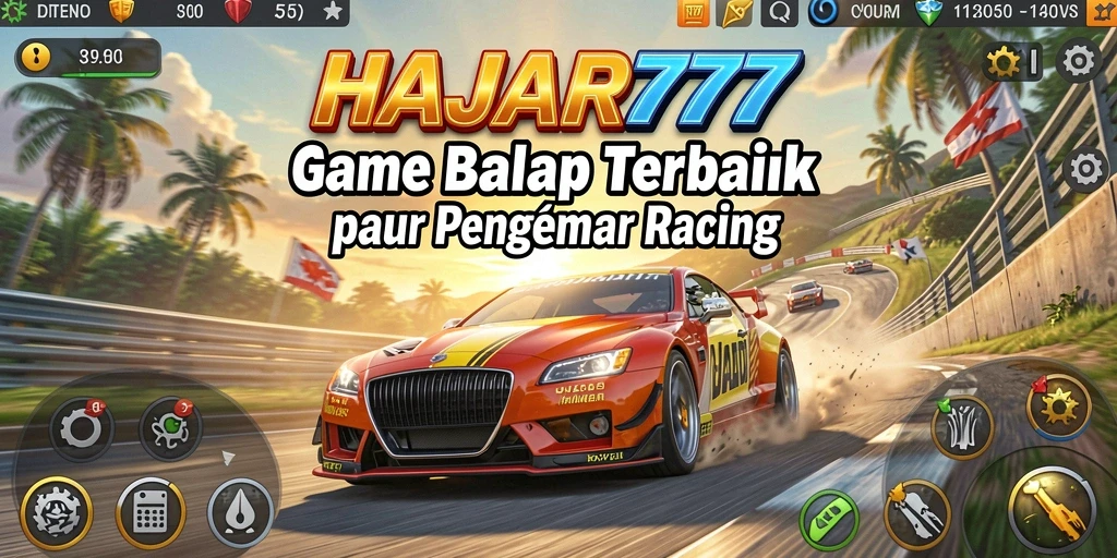 Tampilan gameplay seru HAJAR777 saat balapan di trek menantang.