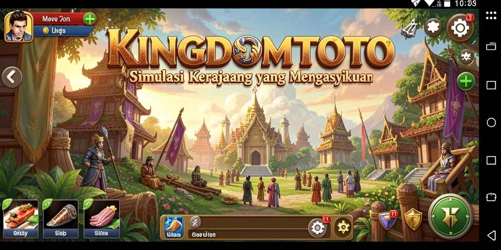 Screenshot dari gameplay KINGDOMTOTO menunjukkan pemandangan kerajaan yang megah dan interaksi menarik.