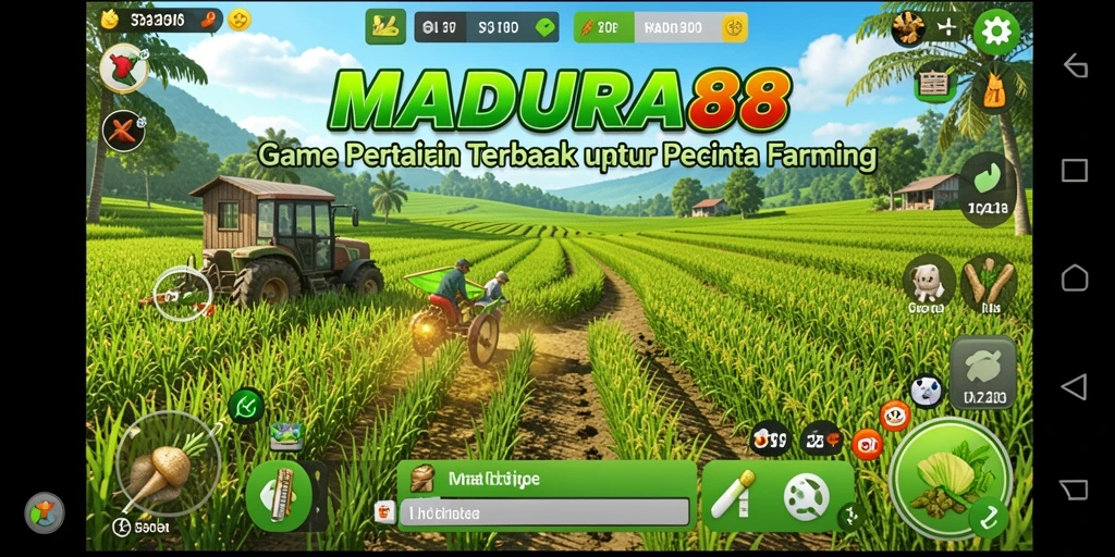 Tangkapan layar utama MADURA88 menampilkan aktivitas bertani yang seru.