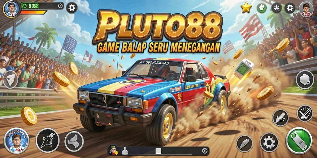 Screenshot utama gameplay <strong>PLUTO88</strong> menunjukkan balapan yang mendebarkan di trek menantang.