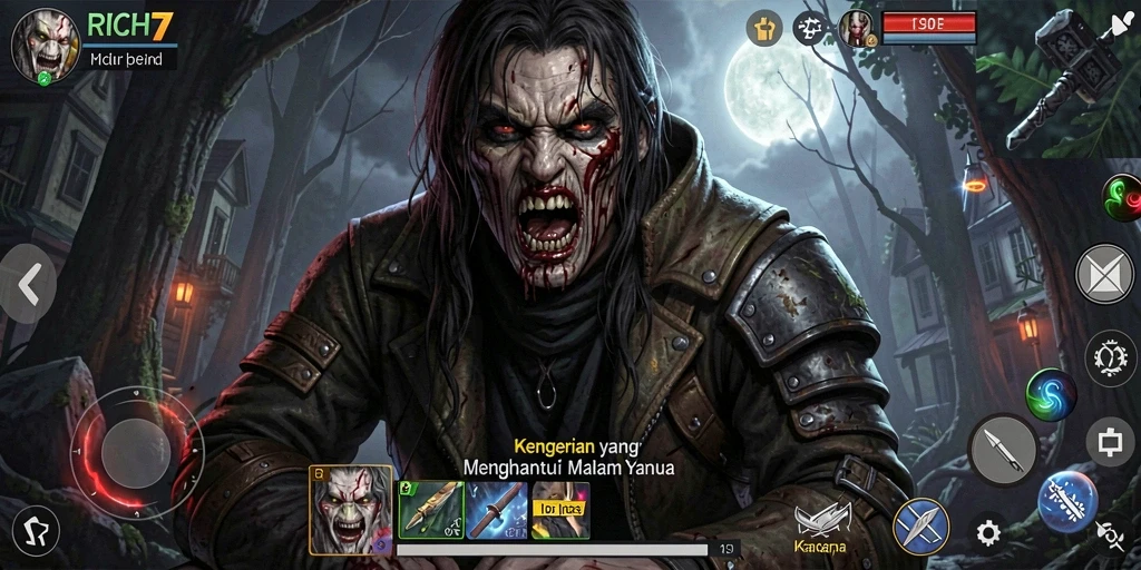 Tampilan gameplay <strong>RICH7</strong> yang menyeramkan dan menegangkan.