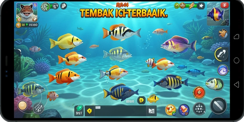 Tangkapan layar gameplay RR44 menampilkan aksi menembak ikan yang seru.