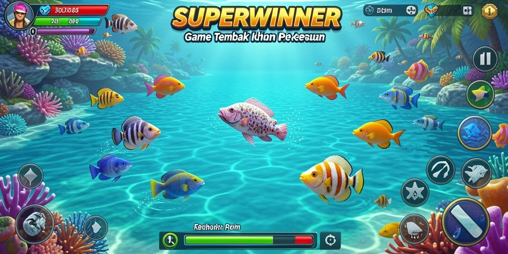 Tampilan gameplay seru dalam SUPERWINNER dengan beragam ikan yang menunggu untuk ditangkap.