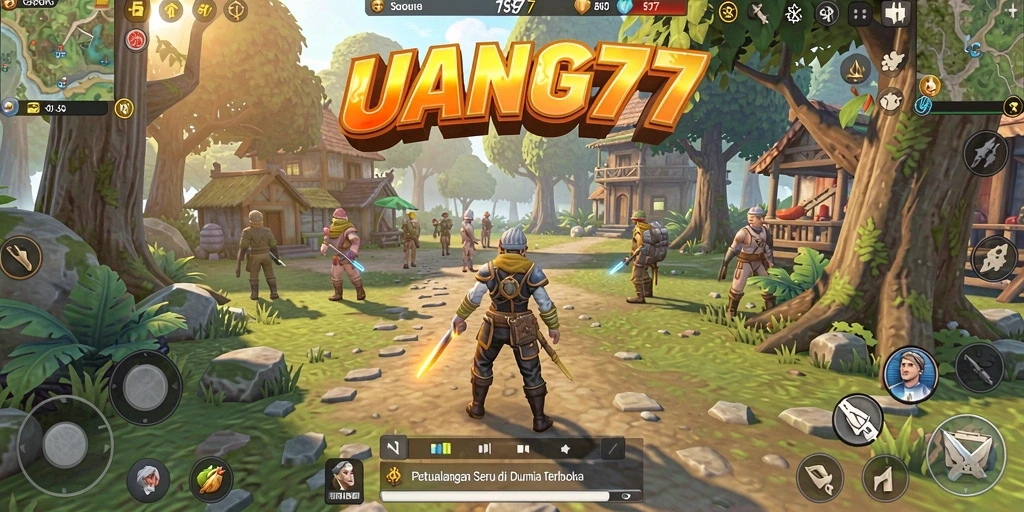 Screenshot gameplay UANG77 menampilkan petualangan di dunia terbuka yang luas.