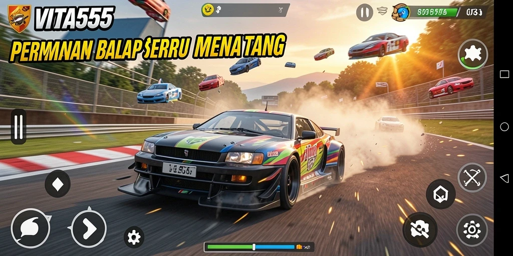 Screenshot utama VITA555 menampilkan aksi balap yang mendebarkan di trek yang penuh tantangan.